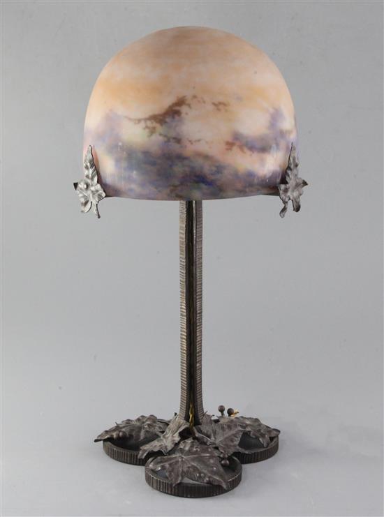 A Muller Freres mottled glass and wrought iron domed table lamp, 16.5in.